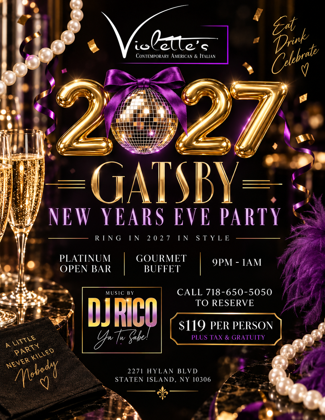 Violette's 2027 Gatsby New Year's Eve party flyer